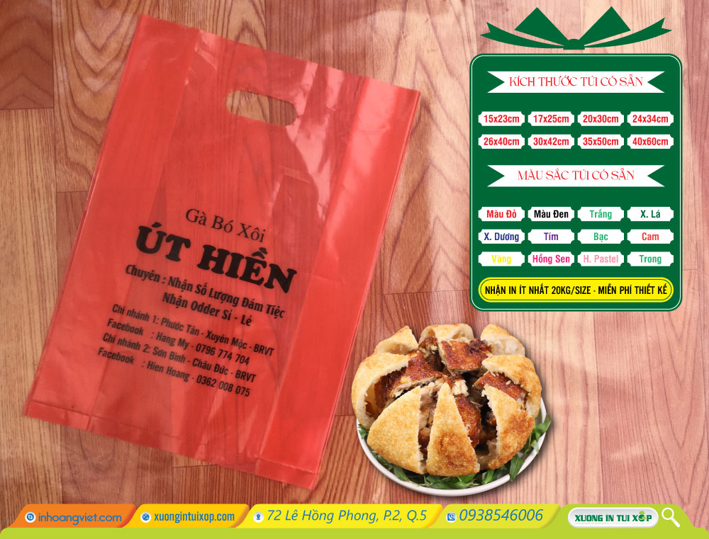 Giá In Túi Hột Xoài PE 4 Túi Xoài PE đỏ - In 1 màu 1 mặt - Gà Bó Xôi Út Hiền
