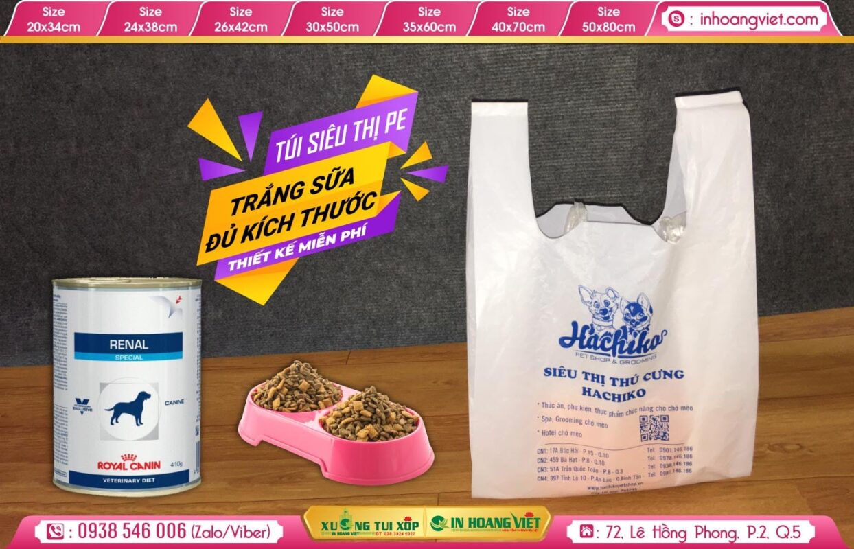 Giá In Túi Siêu Thị 1 In túi siêu thị trắng 2 quai 24x38 ( đựng 1 kg) - Hachiko Thú Cưng