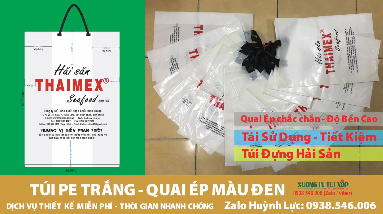 In Túi PE Quai Ép Thời Trang 8 Túi PE Trắng ép quai đen in Thái Mex Seafood