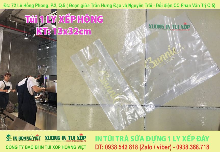 In Túi Trà Sữa Đựng 1Ly 12 In túi trà sữa đựng 1 ly xếp Hông ( 13x32cm) Bunnie Coffee & Tea