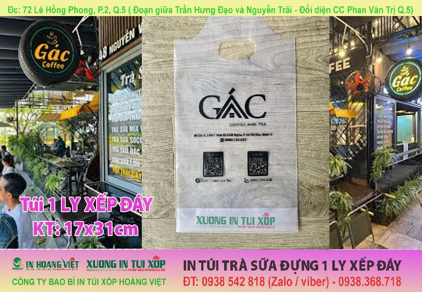 In Túi Trà Sữa Đựng 1Ly 8 In túi trà sữa đựng 1 ly xếp đáy ( 17x31cm) GÁC COFFEE & TEA