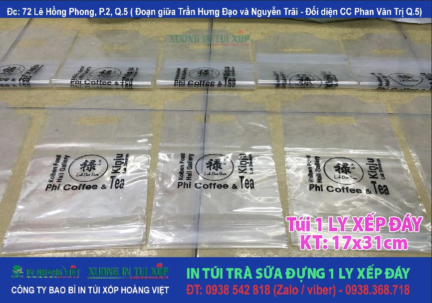 In Túi Trà Sữa Đựng 1Ly 10 In túi trà sữa đựng 1 ly xếp đáy ( 17x31cm) Phi Coffee & Tea