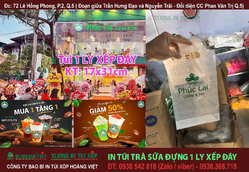 In Túi Trà Sữa Đựng 1Ly 9 In túi trà sữa đựng 1 ly xếp đáy ( 17x31cm) Phúc Lai Coffee & Tea